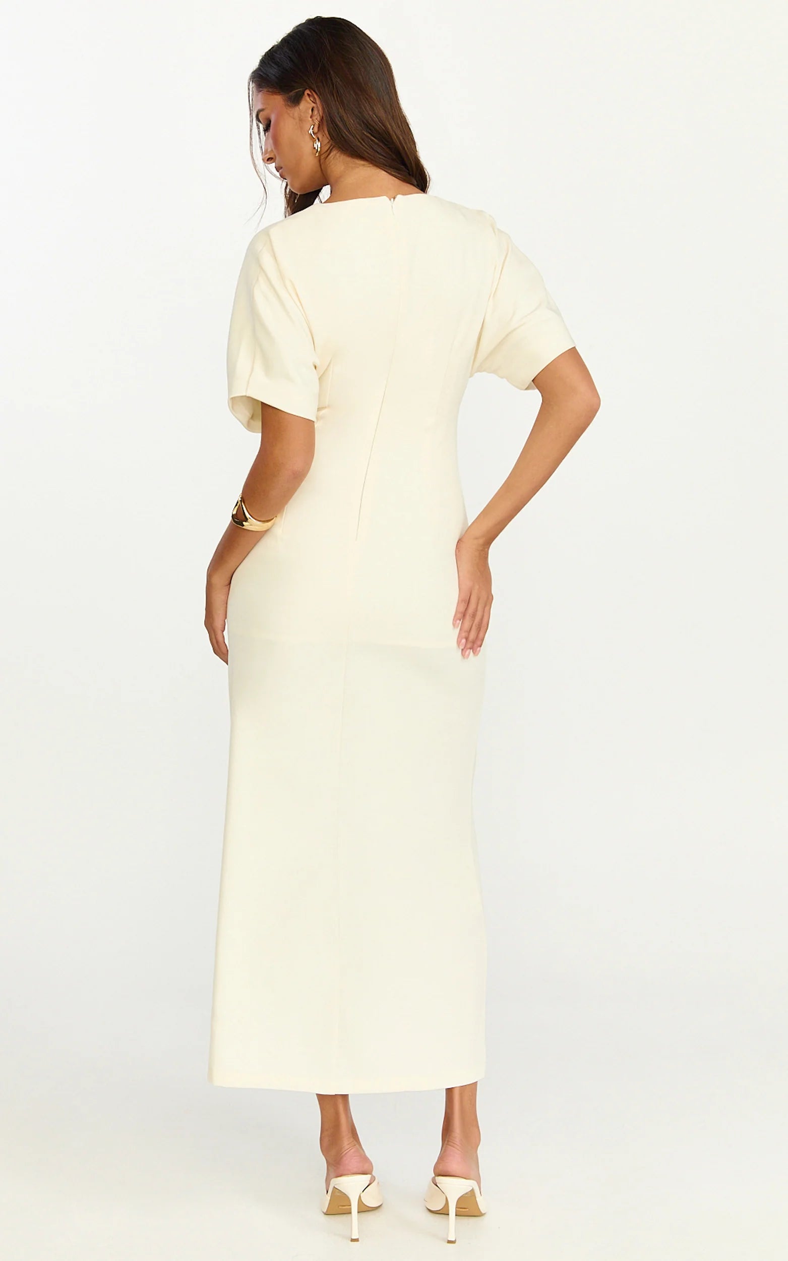 Makayla Midi Dress - Low Cut Button Down Midi Dress in Cream